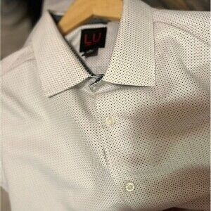 LU Linea Uomo Button Up White And Navy Men’s 19 / 34 35 Long Sleeve Reg Fit Geom